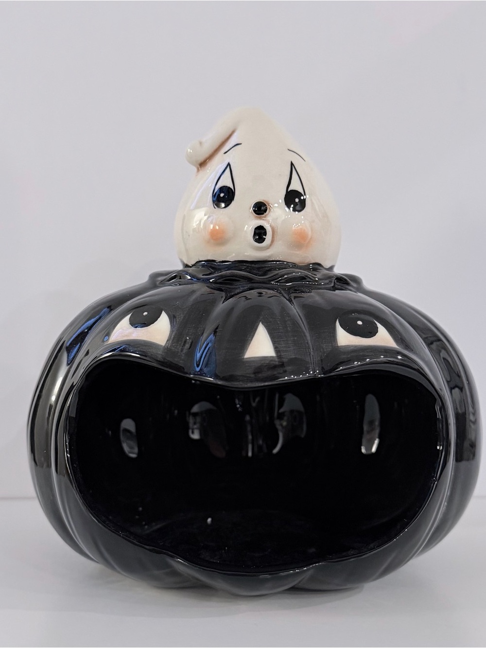 Glossy Black Ceramic Pumpkin Candy Bowl with White Ghost Topper